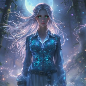 Fantasy portrait, woman with flowing silver hair and piercing emerald eyes, stands in a misty, moonlit forest, surrounded by glowing, ethereal light. - She wears a long, flowing white shirt with intricate, swirling patterns that seem to shift and dance across its surface, like the Northern Lights. - The patterns are a mesmerizing blend of blues, purples, and greens, and appear to be alive, moving in sync with her heartbeat. - Over the shirt, she wears a fitted black leather jacket with silver studs that seem to reflect the moonlight, but the real showstopper is the jacket's intricate, glowing circuitry pattern that pulses with a soft, electric blue light. - Her eyes seem to hold a deep wisdom, and her presence is both calming and mysterious, as if she's a guardian of the mystical forces that surround her.,Sparkle Glowing 