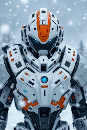 A photo of a futuristic robotic entity in a snowy environment. The robot has a predominantly white and gray color scheme with intricate details, such as orange accents and various mechanical components. Its visor is reminiscent of a mask, with two prominent blue eyes. The robot is equipped with multiple gadgets and tools, including what appears to be a communication device on its chest and a mechanical arm on its side. Snowflakes are seen adhering to its surface, suggesting it has been in this environment for some time.,Fantasy Regal Artgem,txznline