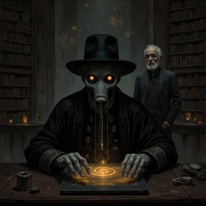 breathtaking mural that merges the realms of science fiction and fantasy, each segment highlighting a unique blend of the two genres.surreal, darkly humorous scene meme with eldritch fantasy horror elements.

A man in a fedora, seated at a dimly lit antique desk with a glowing laptop, His features should be pale and gaunt, with piercing, otherworldly eyes that gleam with an unnatural light.wears a dark, intricately embroidered robe with eldritch symbols, hinting at a hidden, cosmic power. His hands might be unusually long and slender, with impossibly sharp nails.
The background should be a grand, decaying library or study, filled with towering bookshelves and ancient artifacts, subtly hinting at a cosmic or otherworldly presence. Dust motes dance in beams of unnatural light, and strange runes or glyphs might be etched onto the walls.
An older man,stands in the background, looking concerned and bewildered. He's dressed in more traditional attire, perhaps a suit or a tweed jacket, emphasizing the contrast with the son's otherworldly appearance.,Junji Ito