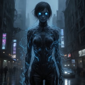 Create a surreal, cyberpunk-inspired scene featuring a ghostly android woman standing confidently in the middle of a desolate, neon-lit city street. She is composed of swirling, ethereal mist, her form semi-transparent and fluid, giving her an otherworldly, spectral appearance. Her short, dark hair and glowing blue eyes are the most distinct features, piercing through the smoky, neon-drenched atmosphere. The misty energy that forms her body creates intricate patterns and tendrils that dance around her, adding to her ghostly aura.

She wears a form-fitting, high-collared outfit that combines black leather and metallic accents, which appear as glowing outlines against her misty form. The cityscape behind her is a mix of towering, futuristic skyscrapers and crumbling, decaying buildings, their facades adorned with holographic advertisements and neon signs that flicker and change color, casting eerie reflections on the slick, rain-soaked street below.

In the distance, a lone, futuristic vehicle speeds along the empty road, leaving a trail of glowing particles in its wake. The overall mood is one of eerie beauty and technological mysticism, as if the ghostly android woman is a manifestation of the city's digital soul, a phantom emerging from the neon-lit shadows to explore the desolate, futuristic landscape.,GothicGrace,Junji Ito