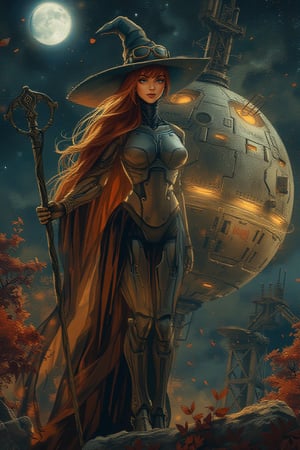 Split portrait combining with two distinct halves, each depicting a unique scene that blends science fiction and fantasy elements. Left Side: - A majestic witch stands tall amidst an enchanting autumnal landscape, illuminated by a soft moonlit glow. - Her fiery red hair cascades down her back like a river of flames, contrasting with her flowing robes that billow behind her, disappearing into the shadows. - She holds a staff adorned with intricate details, and a pointed hat sits atop her head, framed by the studio's sharp focus. - Her face is a masterpiece of perfect features, bathed in a warm, mystical light. - The background is filled with golden light and crimson leaves, creating a magical atmosphere. Right Side: - Muscular cyborg women she has six pack abs and bulging biceps and she is strong,grungy, industrial scene set on a dark night, with a robotic female humanoid standing prominently in the foreground. The humanoid has blonde hair and wears a mecha suit, complete with mechanical armor and robotic legs. Her chest is protected by a chest plate armor, and she sports mecha goggles ,J Horror Anime,A colossal spherical space station drifts through the depths of space, its metallic surface illuminated by the distant stars. Tiny orange lights flicker sporadically across its surface, hinting at the bustling activity within. Massive antennas and towering structures jut out from its poles, communicating with the galaxy beyond. This orbital megastructure, with layers of armor and hidden chambers, serves as a hub of advanced technology and civilization, a beacon of human ingenuity in the vast cosmic expanse.