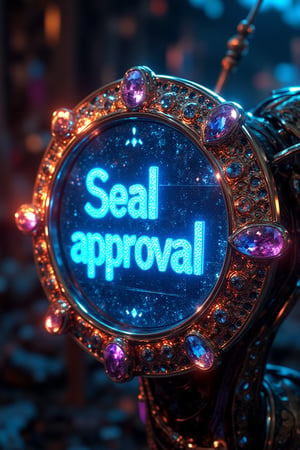 Cyberpunk futuristic jewel encrusted seal projecting a holographic sign that says "Seal of approval",REALNIME