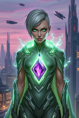 Chiseled woman with close-cropped, silver hair, and piercing emerald eyes that radiate intensity. She's in a form-fitting, metallic catsuit with a glowing, geometric design, and a detached, energy-infused cloak that flickers with a mystical aura. A large, amethyst gem is embedded in her chestpiece, glowing with a powerful, otherworldly light. The backdrop is a futuristic city in twilight, with soaring architectural marvels, hovering transport systems, and a lilac-hued sky filled with flying vehicles.