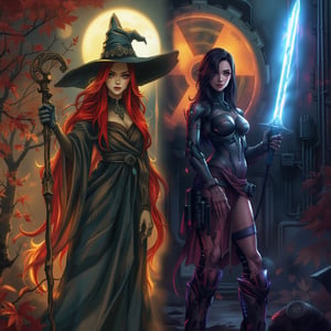 Split portrait combining with two distinct halves, each depicting a unique scene that blends science fiction and fantasy elements. Left Side: - A majestic witch stands tall amidst an enchanting autumnal landscape, illuminated by a soft moonlit glow. - Her fiery red hair cascades down her back like a river of flames, contrasting with her flowing robes that billow behind her, disappearing into the shadows. - She holds a staff adorned with intricate details, and a pointed hat sits atop her head, framed by the studio's sharp focus. - Her face is a masterpiece of perfect features, bathed in a warm, mystical light. - The background is filled with golden light and crimson leaves, creating a magical atmosphere. Right Side: - A cybernetic warrior woman stands confidently amidst a high-tech, post-apocalyptic environment. - She has long, dark hair and striking features, with visible cybernetic enhancements integrated into her body, including mechanical arms and a mechanical headpiece. - Her attire is minimal, showcasing her muscular physique and cybernetic implants. - She wields a glowing, energy sword in her right hand, which emits a bright, otherworldly light. - Behind her, a large, ominous radiation symbol glows intensely, set against a backdrop of dark, industrial machinery and circuitry. - The overall color scheme is dark and moody, with vibrant highlights from the glowing sword and radiation symbol, creating a stark contrast that emphasizes the fusion of technology and danger,J Horror Anime