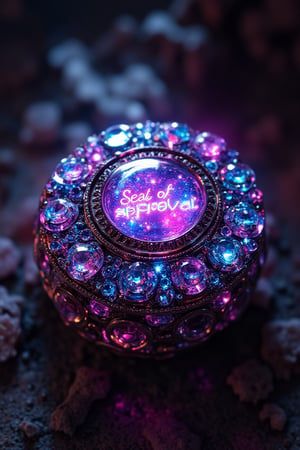 Cyberpunk futuristic jewel encrusted seal projecting a holographic sign that says "Seal of approval",REALNIME