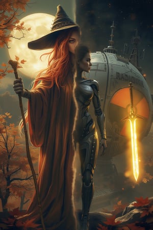 Split portrait combining with two distinct halves, each depicting a unique scene that blends science fiction and fantasy elements. Left Side: - A majestic witch stands tall amidst an enchanting autumnal landscape, illuminated by a soft moonlit glow. - Her fiery red hair cascades down her back like a river of flames, contrasting with her flowing robes that billow behind her, disappearing into the shadows. - She holds a staff adorned with intricate details, and a pointed hat sits atop her head, framed by the studio's sharp focus. - Her face is a masterpiece of perfect features, bathed in a warm, mystical light. - The background is filled with golden light and crimson leaves, creating a magical atmosphere. Right Side: - A cybernetic warrior woman stands confidently amidst a high-tech, post-apocalyptic environment. - She has long, dark hair and striking features, with visible cybernetic enhancements integrated into her body, including mechanical arms and a mechanical headpiece. - Her attire is minimal, showcasing her muscular physique and cybernetic implants. - She wields a glowing, energy sword in her right hand, which emits a bright, otherworldly light. - Behind her, a large, ominous radiation symbol glows intensely, set against a backdrop of dark, industrial machinery and circuitry. - The overall color scheme is dark and moody, with vibrant highlights from the glowing sword and radiation symbol, creating a stark contrast that emphasizes the fusion of technology and danger,J Horror Anime,A colossal spherical space station drifts through the depths of space, its metallic surface illuminated by the distant stars. Tiny orange lights flicker sporadically across its surface, hinting at the bustling activity within. Massive antennas and towering structures jut out from its poles, communicating with the galaxy beyond. This orbital megastructure, with layers of armor and hidden chambers, serves as a hub of advanced technology and civilization, a beacon of human ingenuity in the vast cosmic expanse.