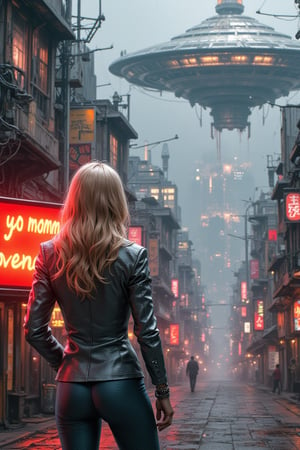 Text "yo momma" is prominently displayed on a red signboard. sprawling cyberpunk metropolis. The cityscape is a labyrinth of sleek, gray buildings adorned with neon lights and futuristic technology, with towering structures piercing through the misty air. A blonde woman, embodying confidence and elegance, stands assertively in the foreground. She is dressed in a fitted gray suit that accentuates her figure, her eyes reflecting the vibrant glow of the city. In the distance, a colossal space station hovers above the city, its metallic surface shimmering under the starlight. The station is a marvel of human ingenuity, with layers of armor and hidden chambers, serving as a hub of advanced technology and civilization.