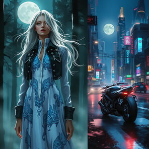 Surreal dreamlike portrait, woman with flowing silver hair and piercing emerald eyes, stands in a misty, moonlit forest, surrounded by towering trees that seem to stretch up to the sky. - She wears a long, flowing white shirt with intricate, glowing blue patterns that seem to shift and dance across its surface, like the Northern Lights. - Over the shirt, she wears a fitted black leather jacket with silver studs that seem to reflect the moonlight, giving her an otherworldly appearance. - Her eyes seem to hold a deep wisdom, and her presence is both calming and mysterious. - In the background, the trees seem to fade into the mist, creating a sense of depth and atmosphere. Right Side: - A futuristic cityscape at night, with towering skyscrapers and neon lights that reflect off the wet pavement, creating a sense of energy and movement. - A sleek, high-tech motorcycle speeds through the streets, leaving a blur of color and light as it weaves through the traffic.