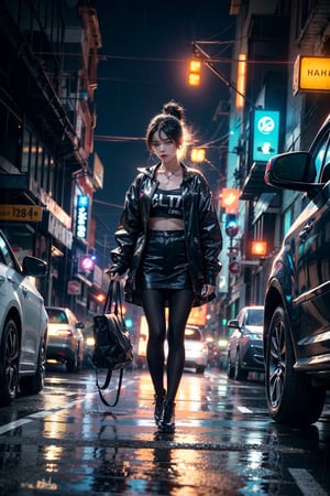 1girl, walking, neon street, people in background, blurry cars and buildings,cars moving so fast that they leaves a light trail that is blurry,city is futuristic cyber funk night city,smoke,electronics,glow,lights, rain drop, without umbrella,