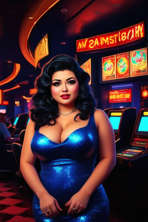 Casino night chubby woman black hair chips slot machines glitter Poster casino Bulls kings cashier luciana
