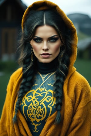 Alison Tyler a realistic tattooed female witch celtic pagan dressed in golden fleece --auto --style real



