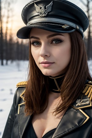 beautiful ((similing)) relytvil posing in (dynamic pose) as a world war 2 diesel punk army officer, black leather uniform with cleavage wearing leather army hat, photo referenced, highest quality, high quality, (detailed face and eyes), dusk lighting,, strong makeup, industrial, outdoor snow forest background ((close up))
