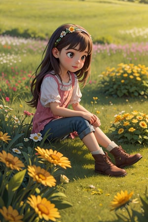 Create a scenario of a little girl sitting in a field of flowers




,More Detail