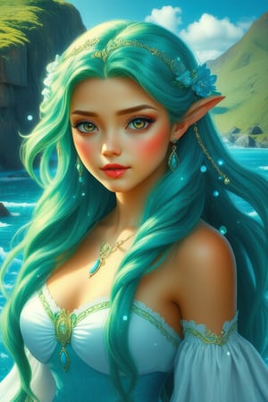 A herdeira princess has water, blue hair, amber eyes, and light green hair
