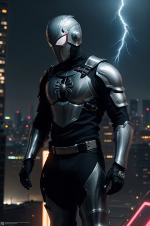 a super high-detailed and realistic image of a cyberpunk-style knight in a silver-blue Spider-Man-inspired body armor with a glowing lightning charge: "Generate an extraordinary and highly detailed image of a cyberpunk-style knight donning a state-of-the-art silver-blue body armor that draws inspiration from Spider-Man, yet takes it to a new level of high-tech brilliance. This knightly body armor emits a mesmerizing glow, with lightning charges coursing through its surface, showcasing its incredible technological sophistication. The knight's powerful physique is accentuated by the hi-tech armor, and his body suit incorporates an array of advanced tools and gadgets, all seamlessly integrated. He wears a Hi-Tech helmet, both concealing his identity and offering crucial data through its heads-up display. In this stunning image, the knight is adorned in the full glory of his Hi-Tech lightning charge magical armor, a perfect blend of technology and mystic power. The background should portra

