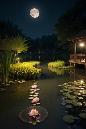 (tmasterpiece,Authentic photography,Concise composition：1.5）,the night,Lotus pond moonlight,Beautiful artistic conception
