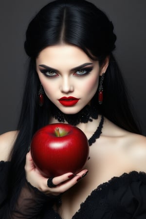 girl,black long hair,Black queen,Accessories,An apple in your hand,poisonous apples,Queen Witch,Red lipstick


