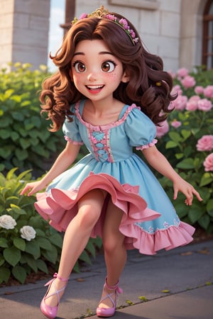 Girl, ten years old, long hair, curly hair, brown hair, brown eyes, full body, child, pink princess dress, rose crown with leaves, perfect curly curls, rosy cheeks, dress with lots of ruffles and ribbons, short legs , cute, fluffy princess, dress with puff sleeves, lots of small flowers in the hair, light blue dress, freckles on the face, sparkle in the eyes, super realistic, smile with teeth showing, red lips, full lips

