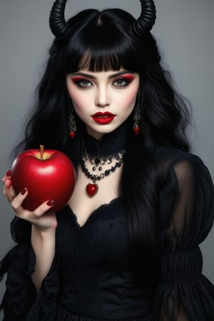 girl,black long hair,Black queen,Accessories,An apple in your hand,poisonous apples,Queen Witch,Red lipstick


