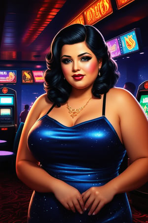 Casino night chubby woman black hair chips slot machines glitter Poster casino Bulls kings cashier luciana
