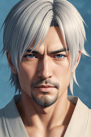 (High quality, masterpiece, Japanese anime, two-dimensional, beautiful eyes, extremely detailed background, 8k wallpaper, extremely detailed face) Uncle, slightly chubby body, strong muscles, beard, hopeful eyes, bright eyes, blue eyes, mature and steady, sophisticated, white short sleeves, Onmyoji portrait, Miyamoto Musashi, detailed anime character art, background for pavilion
