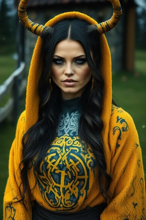 Alison Tyler a realistic tattooed female witch celtic pagan dressed in golden fleece --auto --style real



