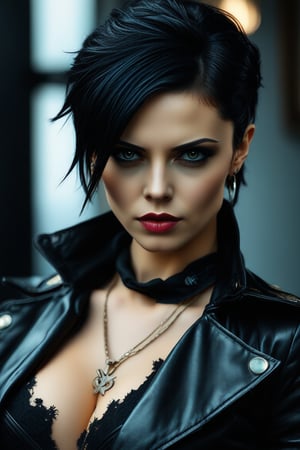 Sexy Lisbeth Salander, cleavage, stunning, beautiful face, highest quality, 4k, half body shot
