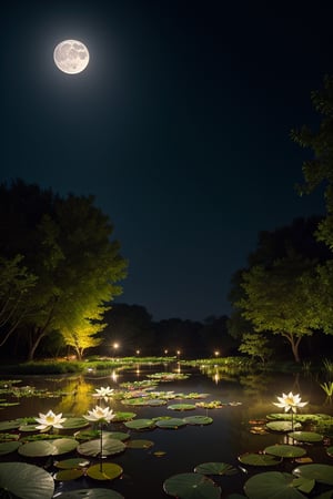 (tmasterpiece,Authentic photography,Concise composition：1.5）,the night,Lotus pond moonlight,Beautiful artistic conception
