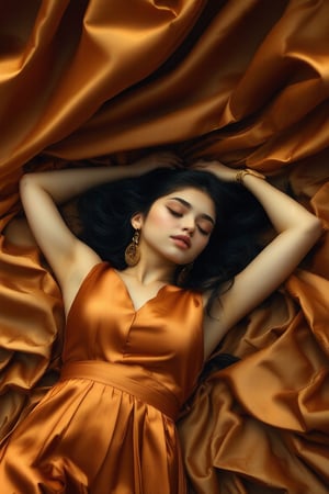 A girl with black hair, wearing an orange silk dress and gold earrings is lying on her back in the middle of large sheets of satin fabric. She has one hand up to cover half or all of her face, and another arm raised upwards to touch her head. The photo was taken from above, with warm tones, soft lighting, and clear details. in the style of
