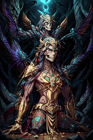 Anime, golden armor, xxseiyapegasusxx, dark skin, long hair, deep blue hair, full body illustration of an Aztec god, Lord of Mictlan, the Land of the Death, skulls on the floor,skull He is associated with the spider, the owl and the bat.