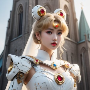 soft light, ,sailor moon,torn cloth,mecha suit,white dress,Exquisite Face, (Highly detailed face 1.2),japan face, highly detailed skin, skin pores, subsurface scattering, realistic pupils, high detail face, (highly detail eyes:1.2), full face blush, full lips,abadon city,wedding_dress,(church:1.5),mecha rabbit ear,focus mecha ring