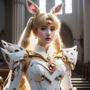 soft light, ,sailor moon,torn cloth,mecha suit,white dress,Exquisite Face, (Highly detailed face 1.2),japan face, highly detailed skin, skin pores, subsurface scattering, realistic pupils, high detail face, (highly detail eyes:1.2), full face blush, full lips,abadon city,wedding_dress,(church:1.5),mecha rabbit ear,focus mecha ring