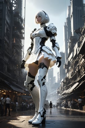 nspired,masterpieceabadon city,2b,nier automata, mecha armor, realistic, ,white suit,mecha leg,neon suit,detailed white skirt,mecha wing,