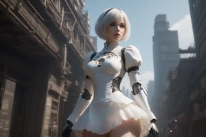 nspired,masterpieceabadon city,2b,nier automata, mecha armor, realistic, ,white suit,mecha leg,mecha back,neon suit,detailed white skirt,beautiful face, Highly detailed face, Highly detailed skin, Highly detailed eyes, hair follicles, subsurface scattering, realistic pupils, big breast, full face blush, Full lips, Detailed background, depth of field, Volumetric light, Sharp focus, nonsense, realistic proportions, good anatomy, (realistic, hyperrealistic:1.4), 16k hdr,sexy pose,lace pantie,upskirt,low angle shot