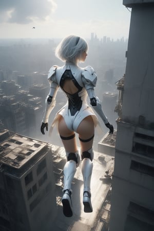 cinematic film still,score_9,score_8_up,score_7_up,masterpiece,best quality,8k,dramatic light,abadon city, dramatic,gundam mobil suit leg, realistic,2b,nier automata,detailed face, silver hair,pantie,white suit,gundam suit,jump out of tower,torn cloth,detailed skirt,cybrog leg,Floating above the top of the building,ass,ass focus,view form back
,,  ,