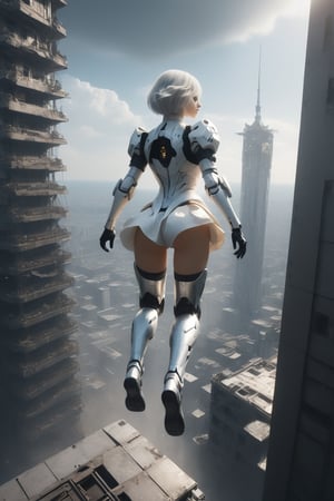 cinematic film still,score_9,score_8_up,score_7_up,masterpiece,best quality,8k,dramatic light,abadon city, dramatic,gundam mobil suit leg, realistic,2b,nier automata,detailed face, silver hair,pantie,white suit,gundam suit,jump out of tower,torn cloth,detailed skirt,cybrog leg,Floating above the top of the building,ass,ass focus,view form back
,,  ,