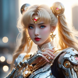 Sailor Moon wears moon-shaped diamond jewelry.,The ring is on Sailor Moon's finger.,bokeh,show mecha diamond ring,mecha suit,japan face,(dynamic pose, dynamic angle:1.2), (realistic, photorealistic:1.2),Beautiful face, Highly detailed face, Highly detailed skin, Highly detailed eyes, hair follicles