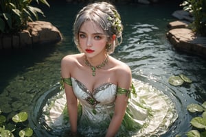 full body photo,dramatic light, fluorescent river,Floating on water, body wet,She was using her hands to collect water ,Hand holding water like a beggar.,,Nahida,green jewelry ,green eyes,silver hair,green collar,white and green dress,short dress,
Detailed pattern on the dress,small body,upper body,hair between eyes,windy,,detailed face, detailed eyes, detailed lips, beautiful woman, hourglass figure, natural lighting, high quality, hyperrealistic, 8k, cinematic, dramatic lighting, chiaroscuro, neoclassical, oil painting,