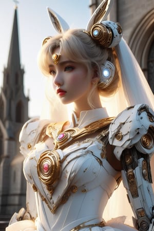 soft light, ,sailor moon,torn cloth,mecha suit,white dress,Exquisite Face, (Highly detailed face 1.2), highly detailed skin, skin pores, subsurface scattering, realistic pupils, high detail face, (highly detail eyes:1.2), full face blush, full lips,abadon city,wedding_dress,(church:1.5),mecha rabbit ear