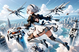  ,2b,nier automata, silver hair,pantie,jump out of tower,cybrog wing,gundam mobil suit armor,fighting whith drone,score_9,score_8_up,score_7_up,source_anime