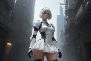 nspired,masterpieceabadon city,2b,nier automata, mecha armor, realistic, ,white suit,mecha leg,mecha back,neon suit,detailed white skirt,beautiful face, Highly detailed face, Highly detailed skin, Highly detailed eyes, hair follicles, subsurface scattering, realistic pupils, big breast, full face blush, Full lips, Detailed background, depth of field, Volumetric light, Sharp focus, nonsense, realistic proportions, good anatomy, (realistic, hyperrealistic:1.4), 16k hdr,sexy pose,lace pantie,upskirt,low angle shot