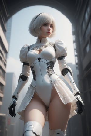 nspired,masterpieceabadon city,2b,nier automata, mecha armor, realistic, ,white suit,mecha leg,mecha back,neon suit,detailed white skirt,beautiful face, Highly detailed face, Highly detailed skin, Highly detailed eyes, hair follicles, subsurface scattering, realistic pupils, big breast, full face blush, Full lips, Detailed background, depth of field, Volumetric light, Sharp focus, nonsense, realistic proportions, good anatomy, (realistic, hyperrealistic:1.4), 16k hdr,sexy pose,lace pantie,upskirt,low angle shot