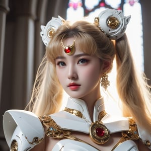 soft light, ,sailor moon,torn cloth,mecha suit,white dress,Exquisite Face, (Highly detailed face 1.2),japan face, highly detailed skin, skin pores, subsurface scattering, realistic pupils, high detail face, (highly detail eyes:1.2), full face blush, full lips,abadon city,wedding_dress,(church:1.5),mecha rabbit ear,focus mecha ring