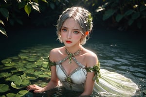 full body photo,dramatic light, fluorescent river,Floating on water, body wet,She was using her hands to collect water ,Hand holding water like a beggar.,,Nahida,green jewelry ,green eyes,silver hair,green collar,white and green dress,short dress,
Detailed pattern on the dress,small body,upper body,hair between eyes,windy,,detailed face, detailed eyes, detailed lips, beautiful woman, hourglass figure, natural lighting, high quality, hyperrealistic, 8k, cinematic, dramatic lighting, chiaroscuro, neoclassical, oil painting,