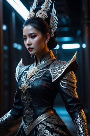 ,cyberpunk, dark angle, realistic, thai dress, beautiful movement, highly detailed skin, skin pores,