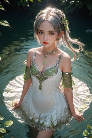 full body photo,dramatic light, fluorescent river,Floating on water, body wet,She was using her hands to collect water ,Hand holding water like a beggar.,,Nahida,green jewelry ,green eyes,silver hair,green collar,white and green dress,short dress,
Detailed pattern on the dress,small body,upper body,hair between eyes,windy,,detailed face, detailed eyes, detailed lips, beautiful woman, hourglass figure, natural lighting, high quality, hyperrealistic, 8k, cinematic, dramatic lighting, chiaroscuro, neoclassical, oil painting,