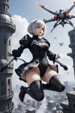  ,2b,nier automata, silver hair,pantie,jump out of tower,cybrog wing,gundam mobil suit armor,fighting whith drone