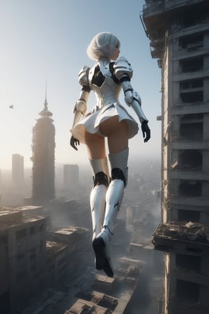 cinematic film still,score_9,score_8_up,score_7_up,masterpiece,best quality,8k,dramatic light,abadon city, dramatic,gundam mobil suit leg, realistic,2b,nier automata,detailed face, silver hair,pantie,white suit,gundam suit,jump out of tower,torn cloth,detailed skirt,cybrog leg,Floating above the top of the building,ass,ass focus,view form back
,,  ,