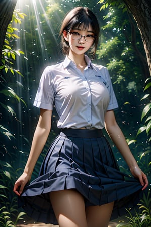 ,bokeh,thai school uniform ,glasses,innocent smile,white shirt,blue skirt, hair with wind, looking at viewer,big breasts,18 year old,masterpiece, best quality, wallpaper, ultra-detailed,
Soft Illumination, Gentle Shading, Subtle Depth, masterpiece,best quality, beautiful and aesthetic,The edges of the eyelashes are thick and sharp,Sharp picture ,glowingdust,