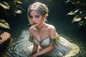 full body photo,dramatic light, fluorescent river,Floating on water, body wet,She was using her hands to collect water ,Hand holding water like a beggar.,,Nahida,green jewelry ,green eyes,silver hair,green collar,white and green dress,short dress,
Detailed pattern on the dress,small body,upper body,hair between eyes,windy,,detailed face, detailed eyes, detailed lips, beautiful woman, hourglass figure, natural lighting, high quality, hyperrealistic, 8k, cinematic, dramatic lighting, chiaroscuro, neoclassical, oil painting,